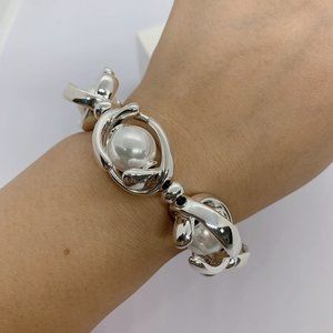 UNO de 50 Double Moon Silver Plated Leather Bracelet 5 Pearls Women Jewelry
